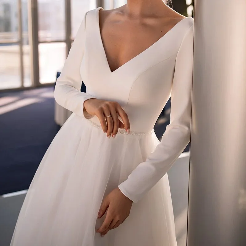 FashionSierra - Autumn Winter V Neck White Long Sleeve A Line Prom Dresses