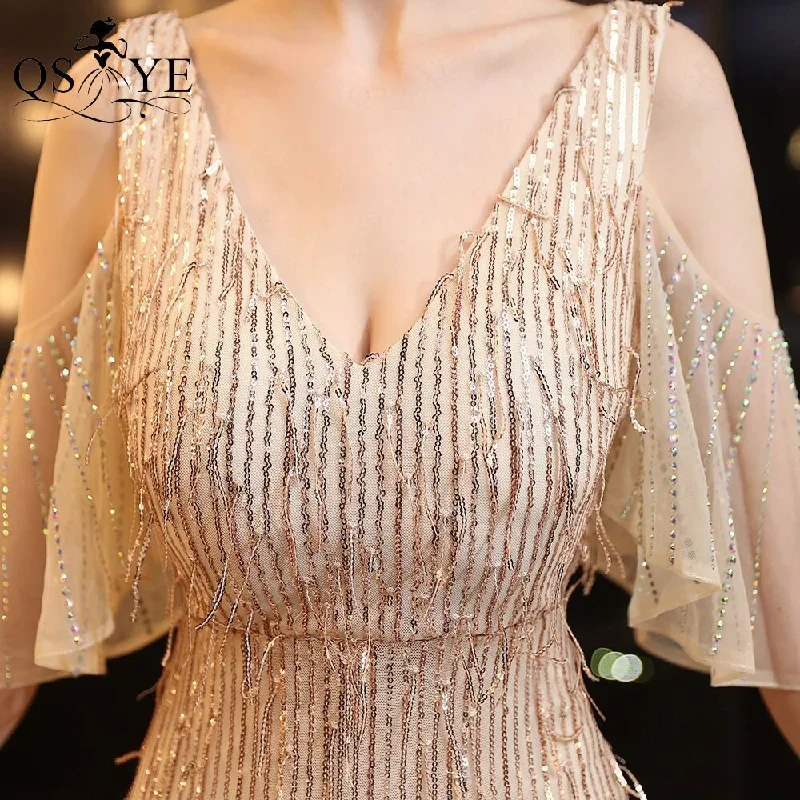 2022-gold-feather-evening-dresses-sequin-mermaid-party-gown-flatter-side-sleeves-golden-stretch-formal-dress-v-neck-long-prom-gown