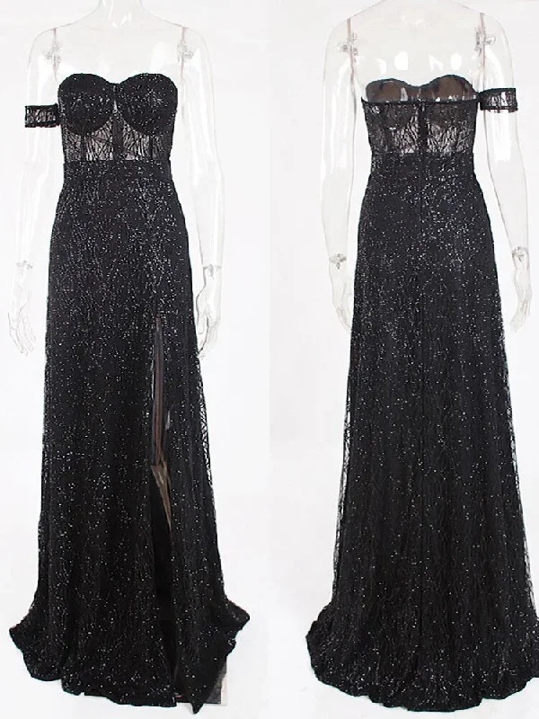 2022-one-sleeve-strapless-long-ball-gown-split-leg-hollow-out-padded-black-glittered-party-maxi-dress