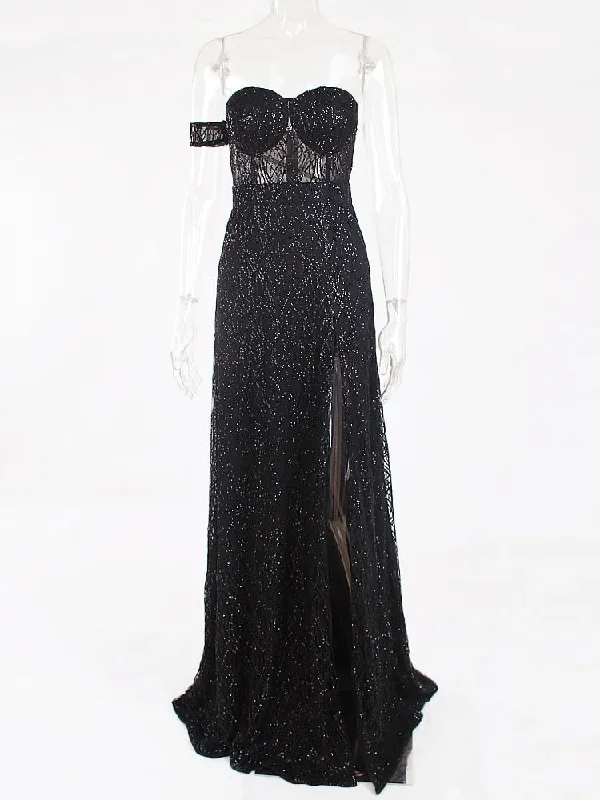 2022-one-sleeve-strapless-long-ball-gown-split-leg-hollow-out-padded-black-glittered-party-maxi-dress