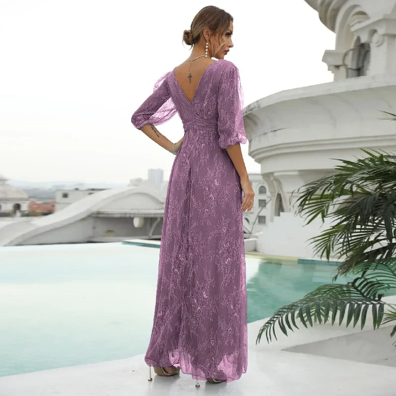 2022-spring-summer-v-neck-cocktail-backless-dresses-front-slit-three-quarter-splicing-mesh-lace-embroidery-sexy-long-prom-dresse