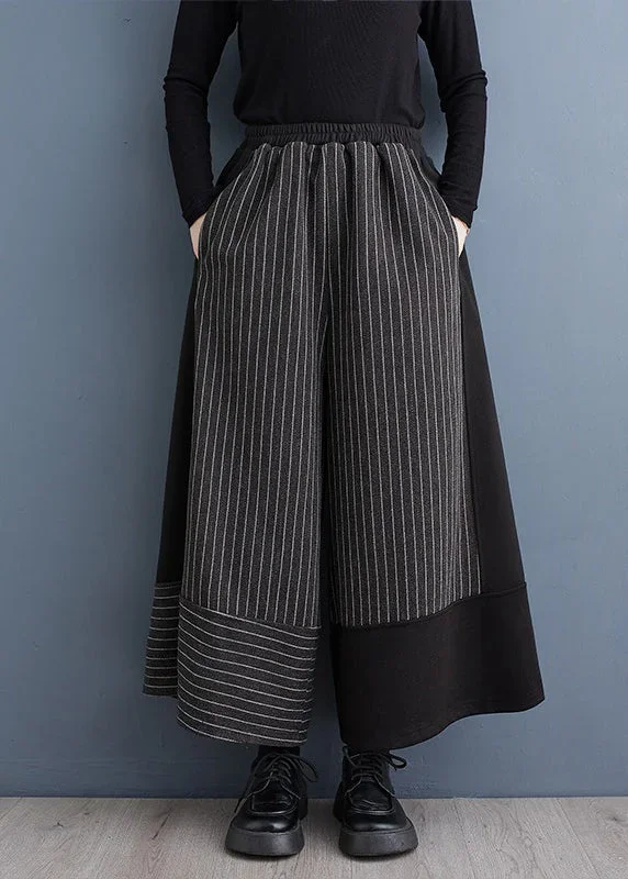 2024 New Black Striped Patchwork Elastic Waist Woolen Wide Leg Pants Spring