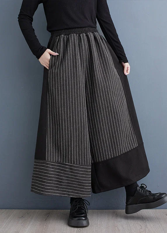 2024-new-black-striped-patchwork-elastic-waist-woolen-wide-leg-pants-spring