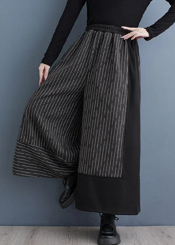 2024-new-black-striped-patchwork-elastic-waist-woolen-wide-leg-pants-spring