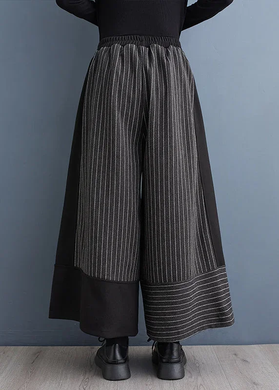 2024-new-black-striped-patchwork-elastic-waist-woolen-wide-leg-pants-spring