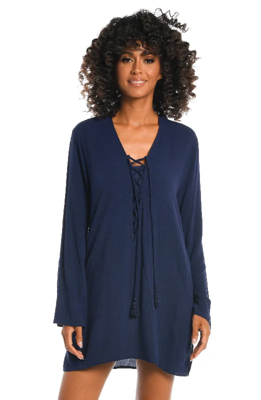 Beachcomber Basics Lace Up V-Neck Tunic - Indigo