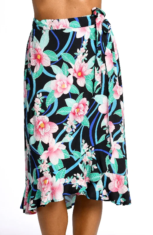 Nightfall Blooms Flounce Hem Sarong Wrap Skirt - FINAL SALE