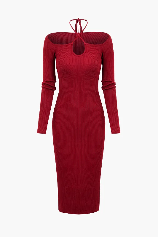 Halter Tie Long Sleeve Split Midi Dress