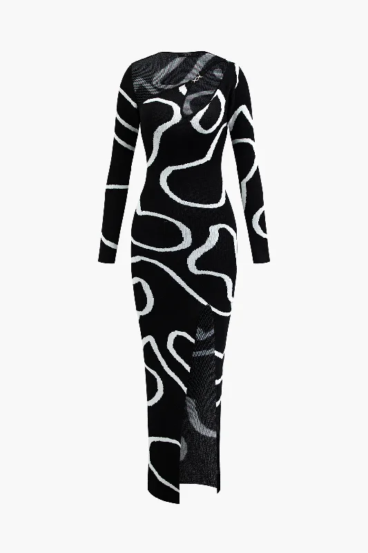 Line Pattern Cut Out Slit Knit Maxi Dress