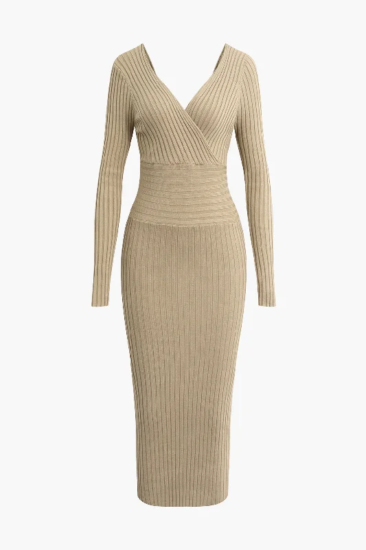 Cross V-neck Long Sleeve Rib Knit Midi Dress