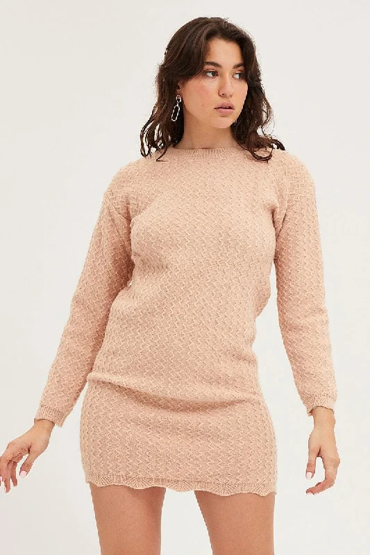 Beige Dress Long Sleeve Mini Knit