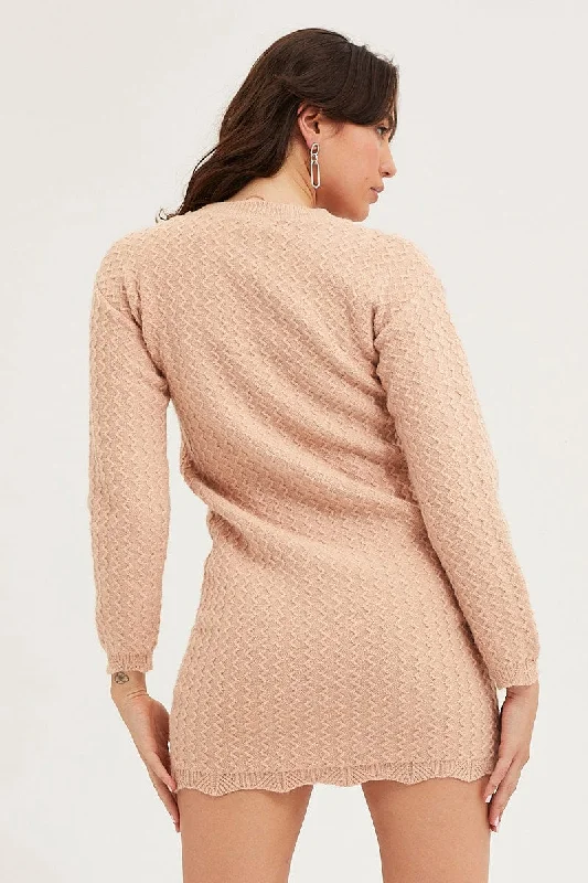 Beige Dress Long Sleeve Mini Knit