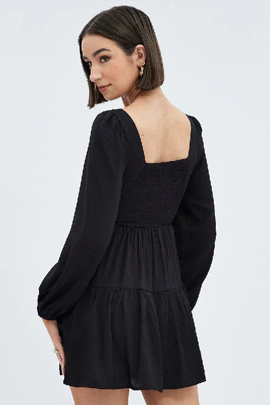 Black Fit And Flare Dress Long Sleeve Mini