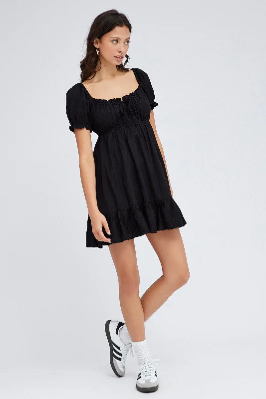 Black Fit And Flare Dress Puff Sleeve Mini