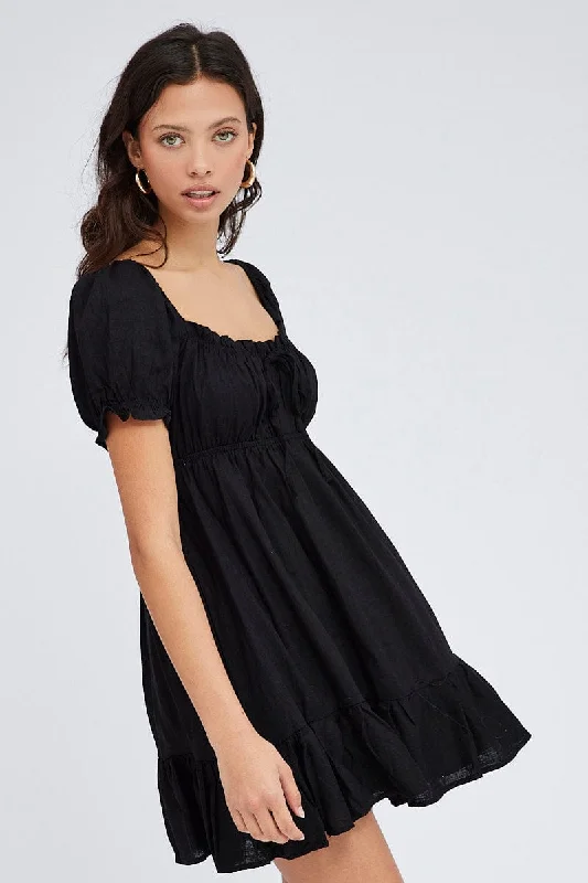 Black Fit And Flare Dress Puff Sleeve Mini