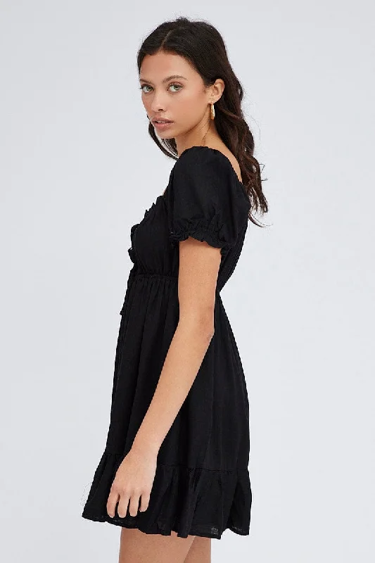 Black Fit And Flare Dress Puff Sleeve Mini