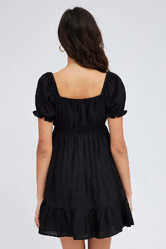 Black Fit And Flare Dress Puff Sleeve Mini