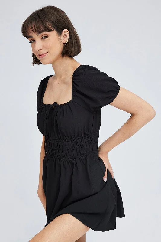 Black Fit And Flare Dress Puff Sleeve Mini