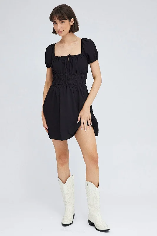 Black Fit And Flare Dress Puff Sleeve Mini