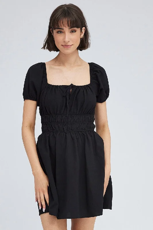 Black Fit And Flare Dress Puff Sleeve Mini