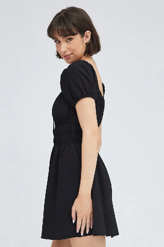 Black Fit And Flare Dress Puff Sleeve Mini