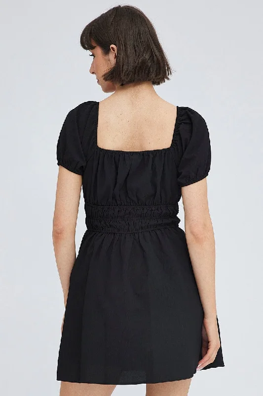 Black Fit And Flare Dress Puff Sleeve Mini