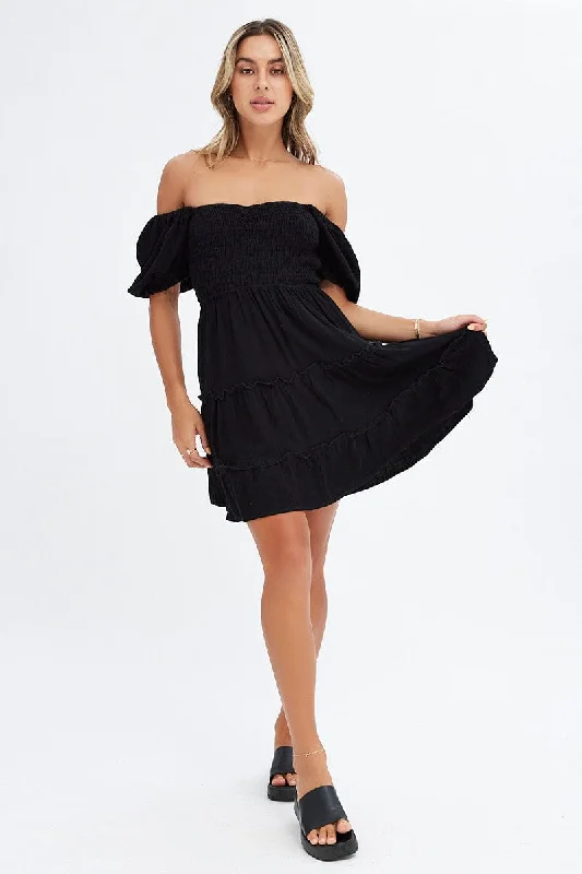 Black Fit And Flare Dress Puff Sleeve Mini