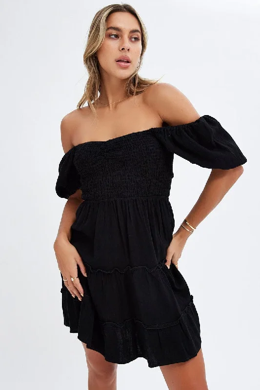 Black Fit And Flare Dress Puff Sleeve Mini