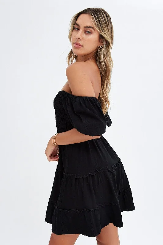 Black Fit And Flare Dress Puff Sleeve Mini