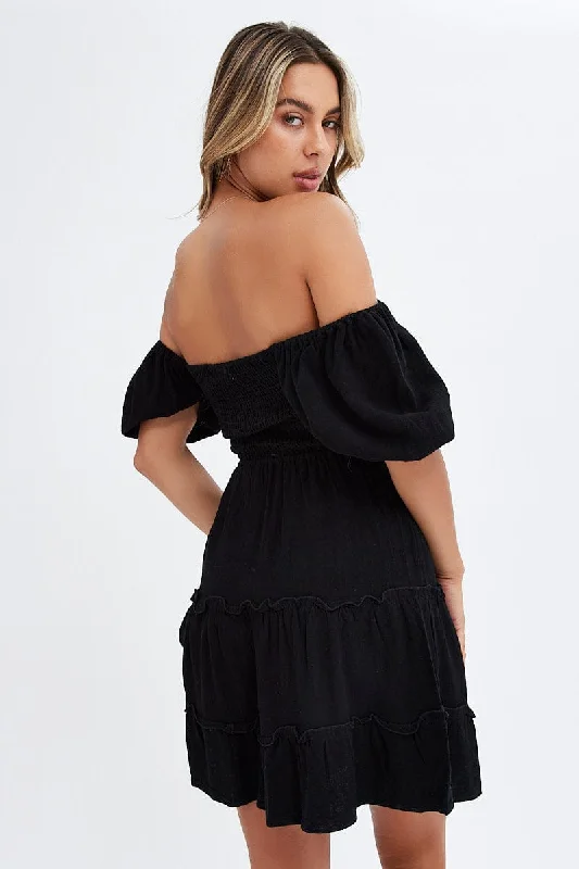 Black Fit And Flare Dress Puff Sleeve Mini