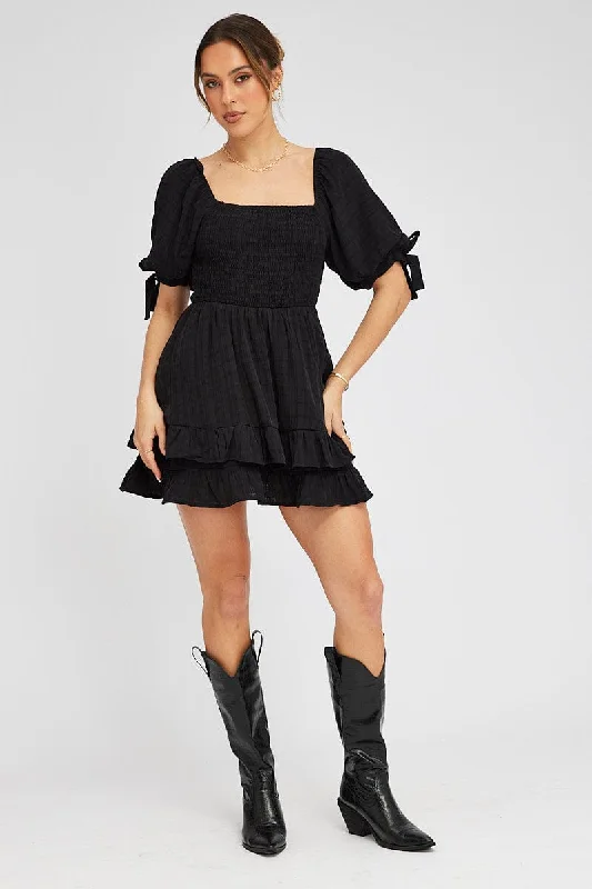 Black Fit And Flare Dress Puff Sleeve Mini