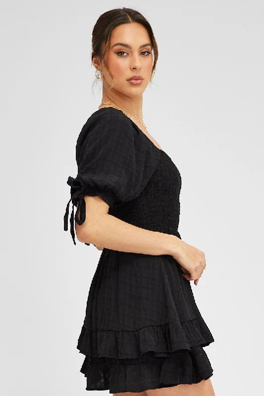 Black Fit And Flare Dress Puff Sleeve Mini