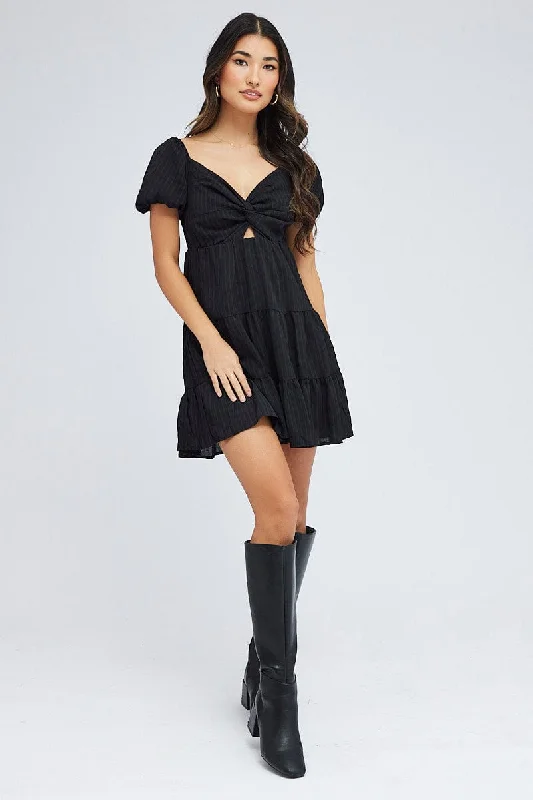 Black Fit And Flare Dress Puff Sleeve Mini