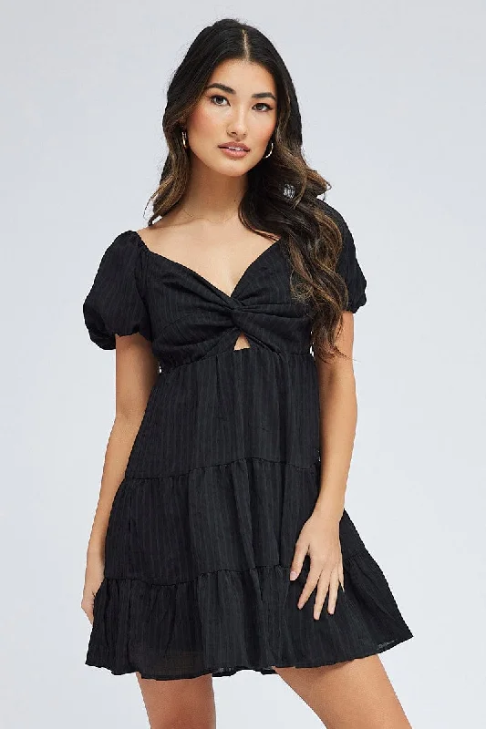 Black Fit And Flare Dress Puff Sleeve Mini