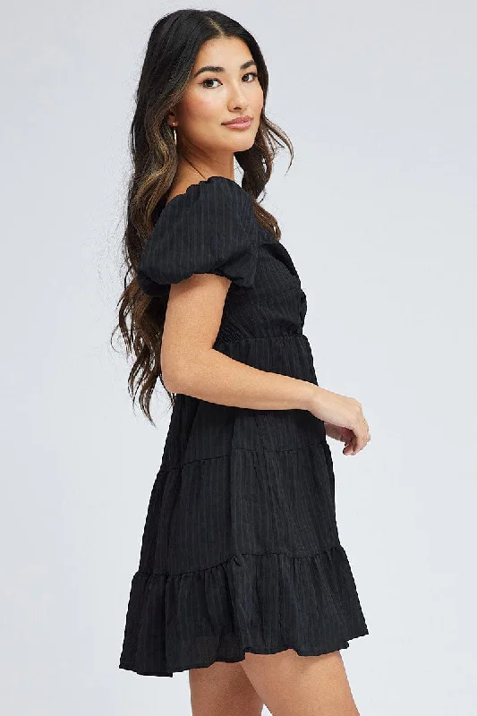 Black Fit And Flare Dress Puff Sleeve Mini