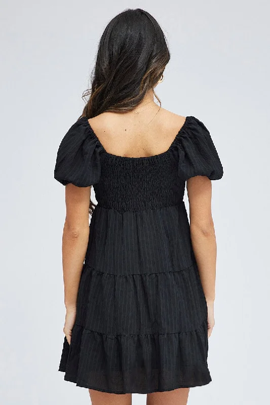 Black Fit And Flare Dress Puff Sleeve Mini