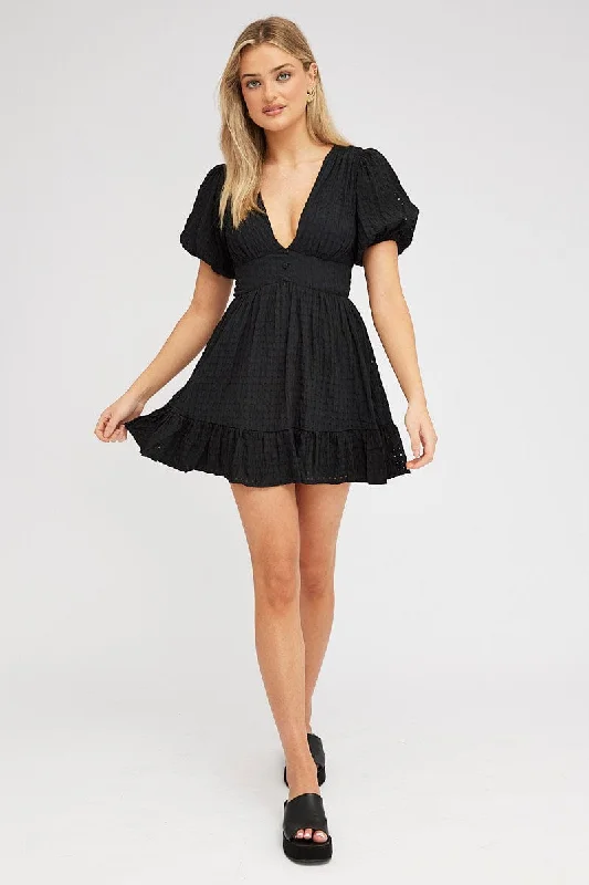 Black Fit And Flare Dress Puff Sleeve Mini