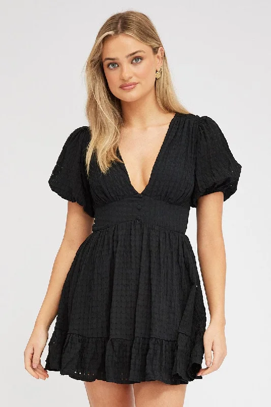 Black Fit And Flare Dress Puff Sleeve Mini