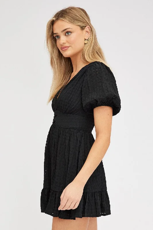 Black Fit And Flare Dress Puff Sleeve Mini