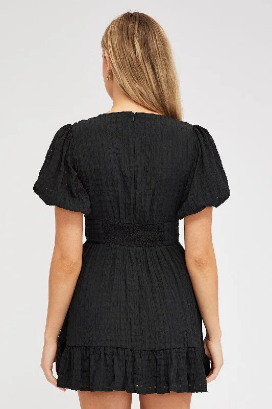 Black Fit And Flare Dress Puff Sleeve Mini