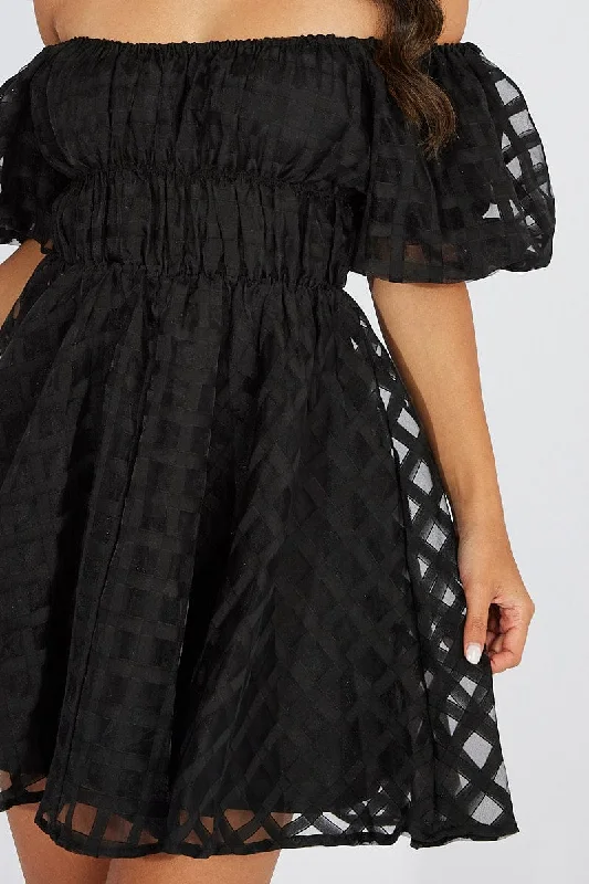 Black Fit And Flare Dress Puff Sleeve Mini