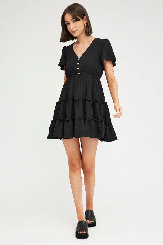 Black Fit And Flare Dress Short Sleeve Mini