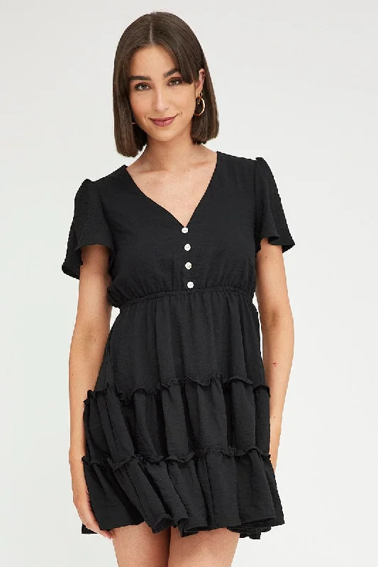 Black Fit And Flare Dress Short Sleeve Mini