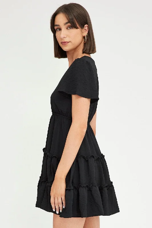 Black Fit And Flare Dress Short Sleeve Mini