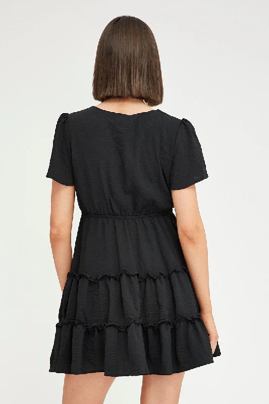 Black Fit And Flare Dress Short Sleeve Mini