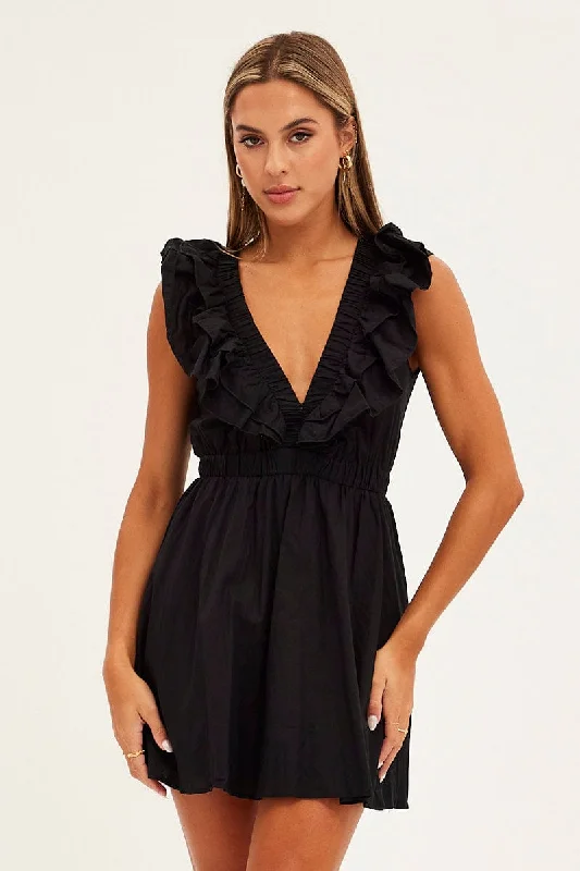 BLACK Fit And Flare Dress Sleeveless Deep V Frill Mini