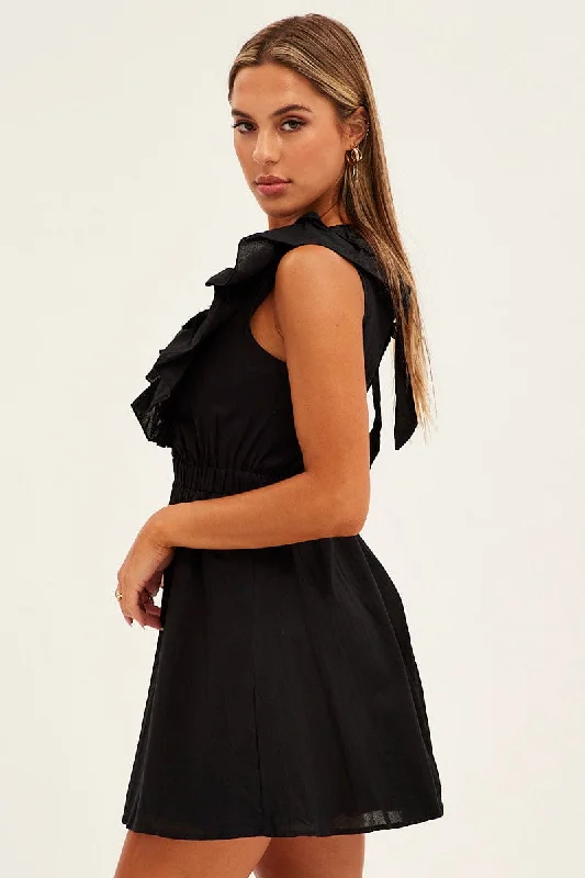 BLACK Fit And Flare Dress Sleeveless Deep V Frill Mini