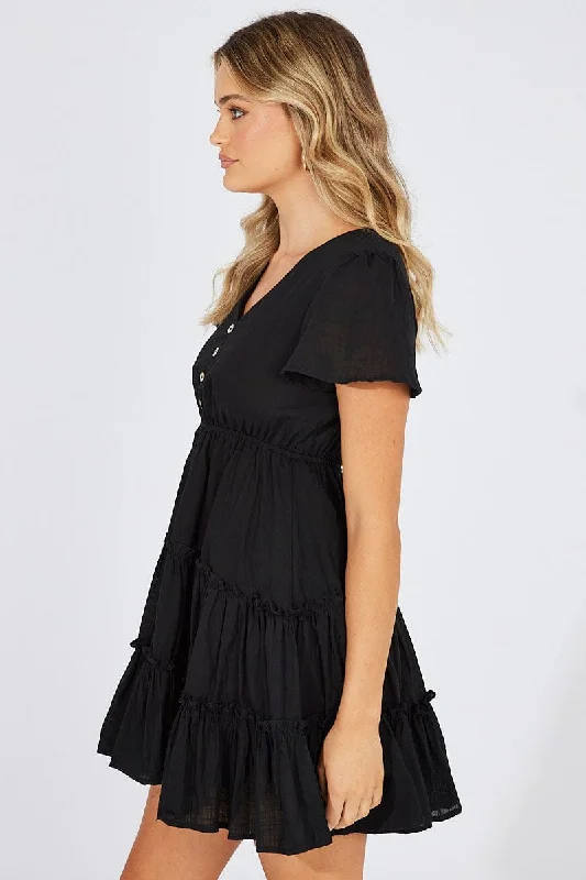 Black Fit And Flare Dress V-neck Mini