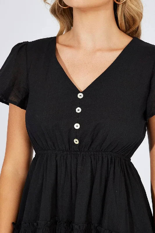 Black Fit And Flare Dress V-neck Mini