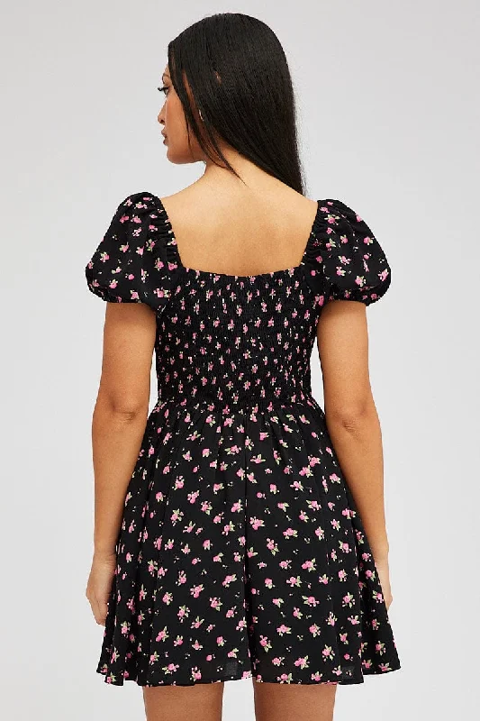 Black Floral Fit And Flare Dress Puff Sleeve Mini